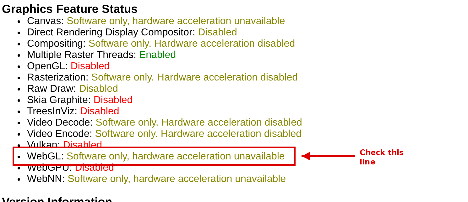The chrome://gpu page with the WebGL line highlighted, showing it turned off