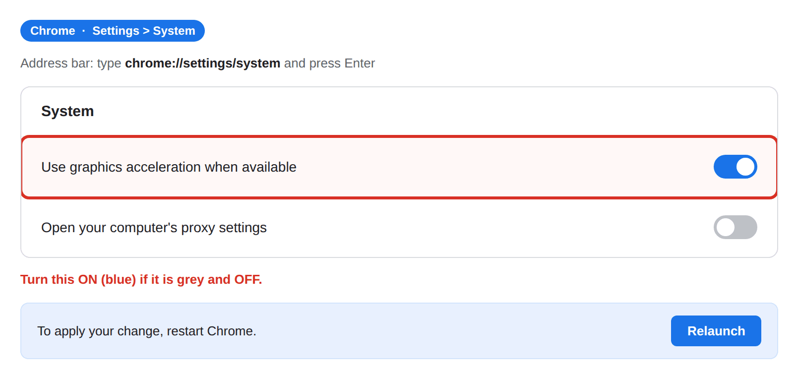 Chrome System settings showing the Use graphics acceleration when available switch turned on