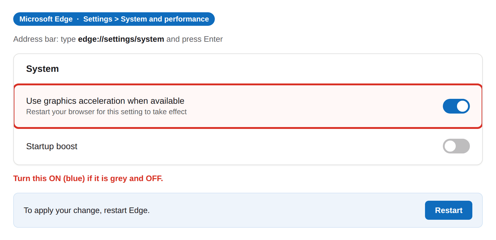 Microsoft Edge System and performance settings showing the Use graphics acceleration when available switch turned on