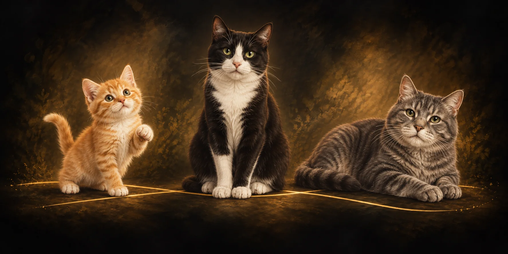 A playful kitten, adult tuxedo cat and resting older tabby in a warm painted illustration.