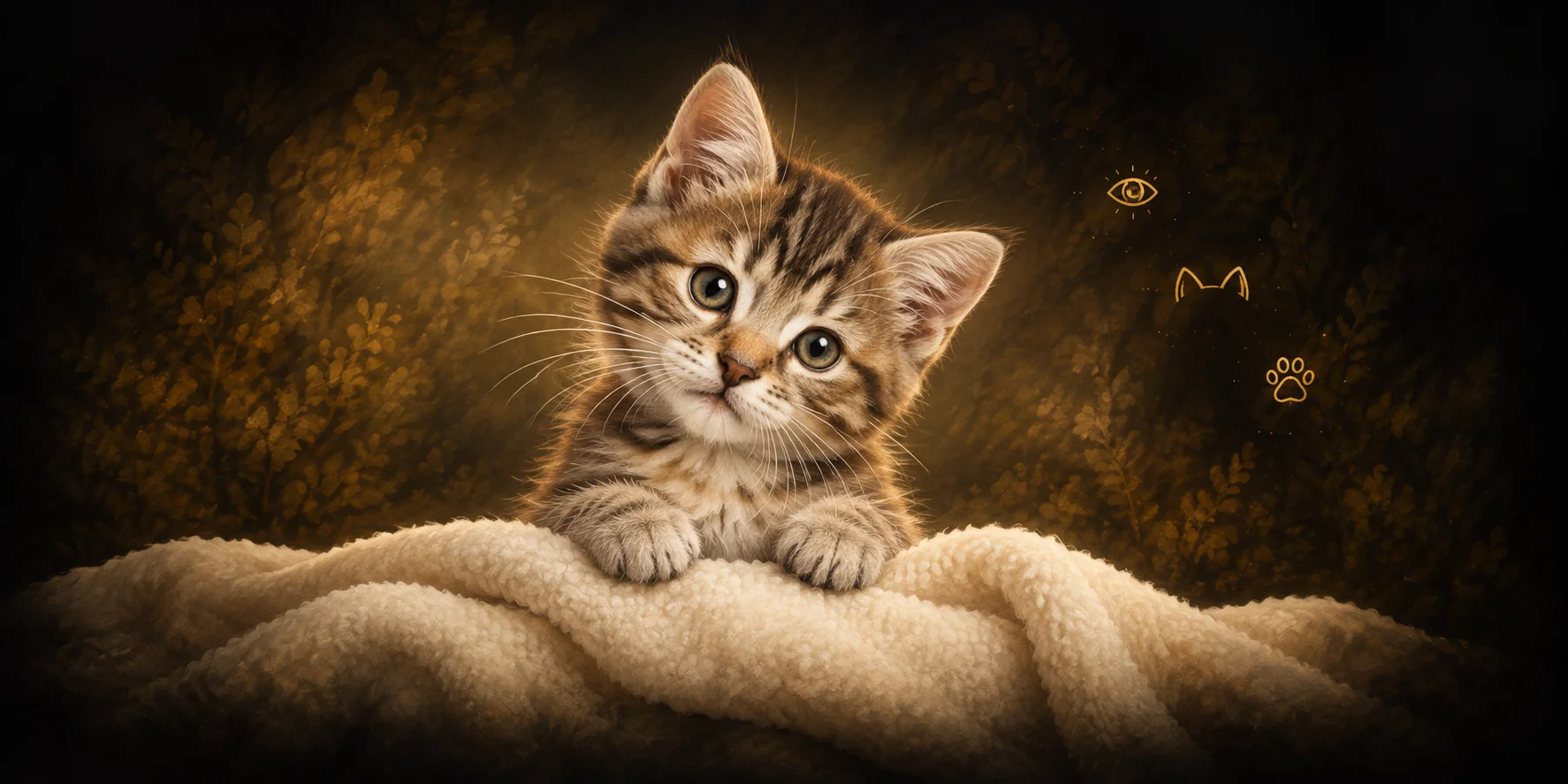A curious kitten peeking over a cream blanket with small eye, ear and paw symbols.