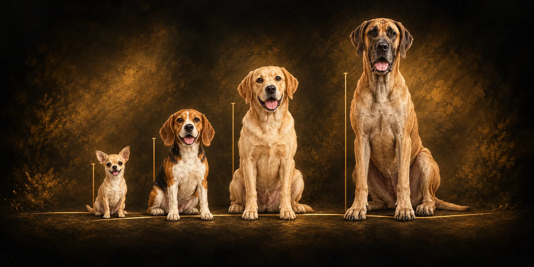 Dog size calculator illustration: a Chihuahua, a Beagle, a Labrador Retriever and a Great Dane sitting in a row from smallest to largest.