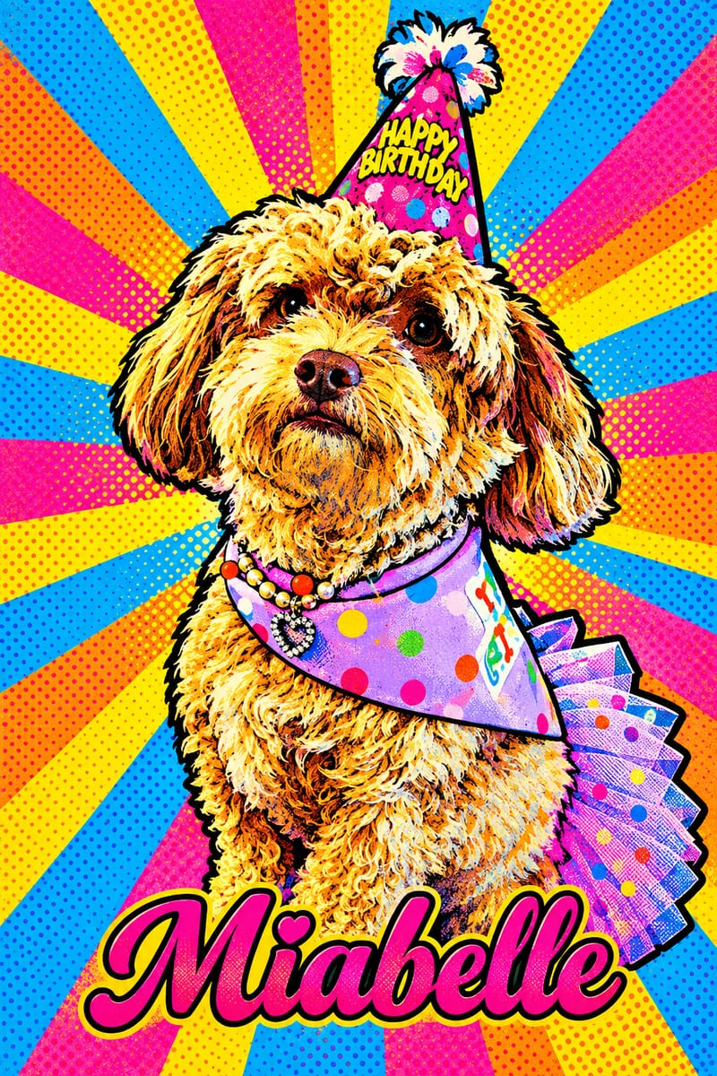 Mia's first birthday pop art portrait, with her party hat and her name, Miabelle
