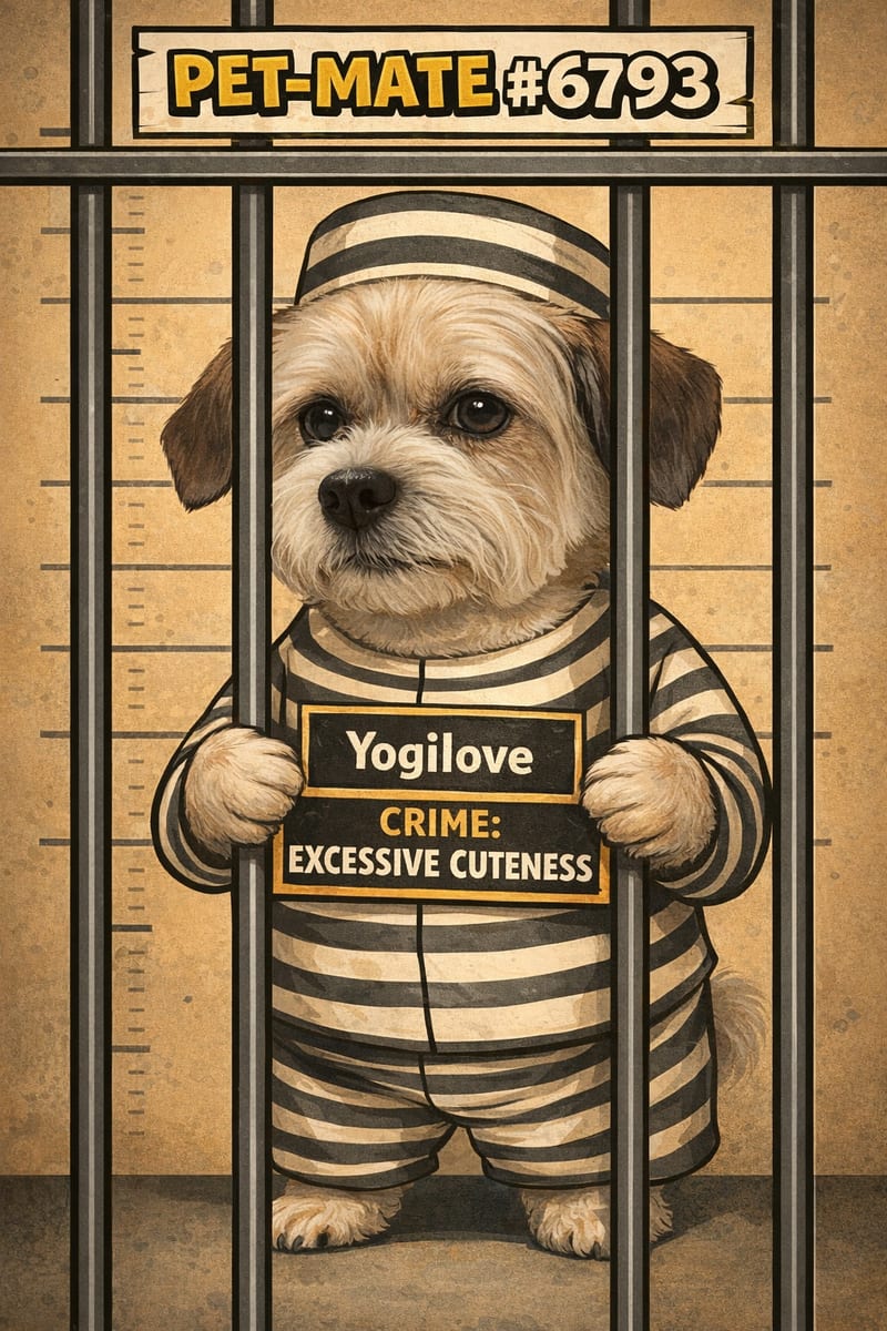 Yogi's Bandido portrait: a cartoon mugshot of him in a striped suit behind bars