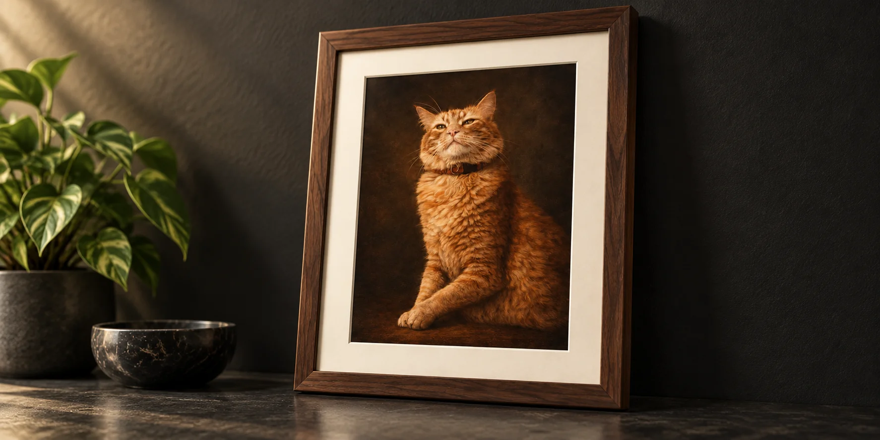 A finished orange-cat portrait in a dark wood frame with an ivory mat.
