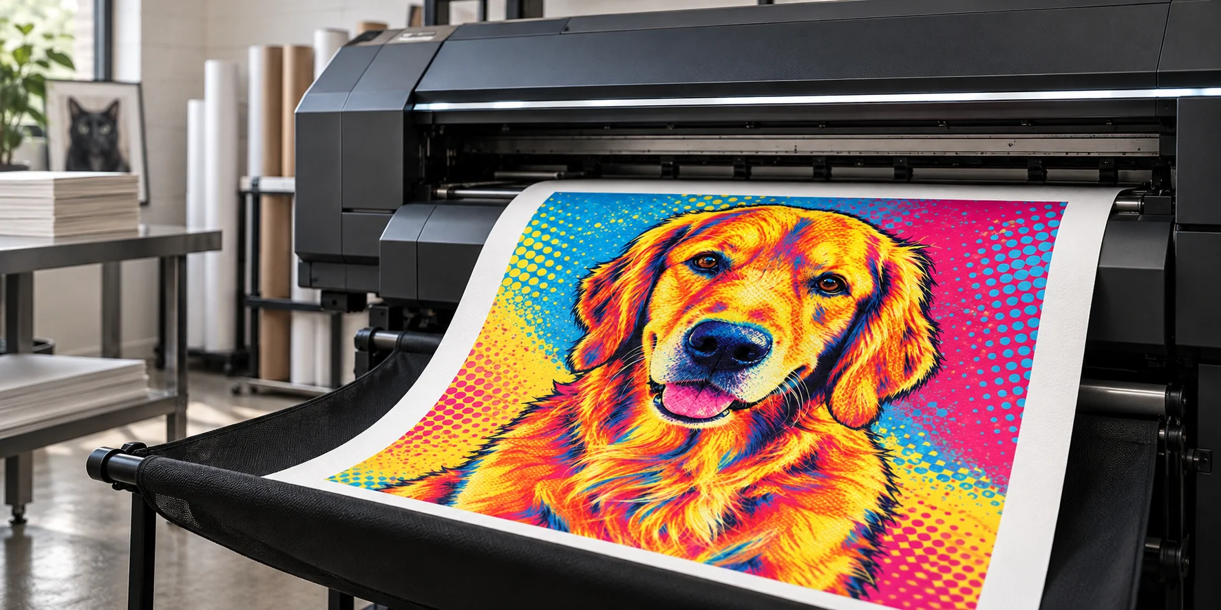 A professional print provider producing a colorful dog portrait.