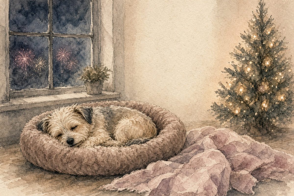 Watercolor illustration of a small dog asleep in a round bed while fireworks light up the window