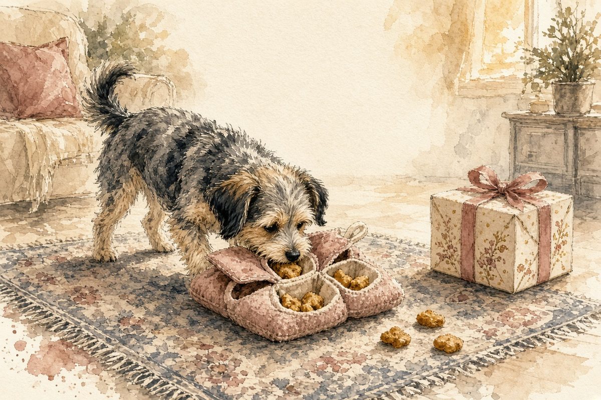 Watercolor illustration of a small dog nosing treats out of a plush puzzle toy on a rug
