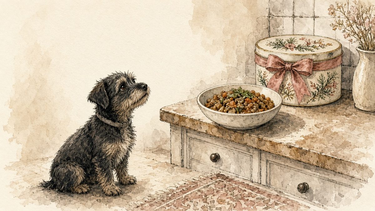 Watercolor illustration of a small dog looking up at a bowl of fresh food beside a holiday tin