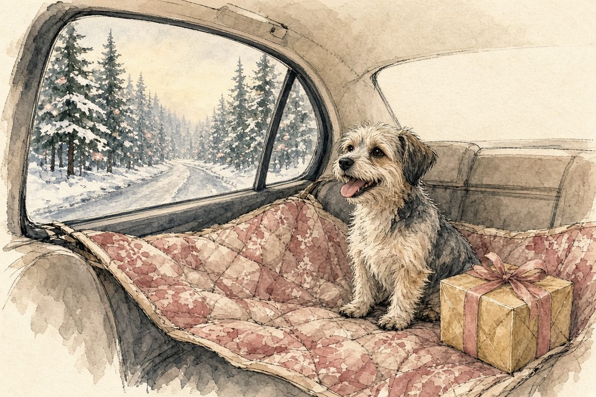 Watercolor illustration of a small dog on a quilted back seat cover, looking out at a snowy road