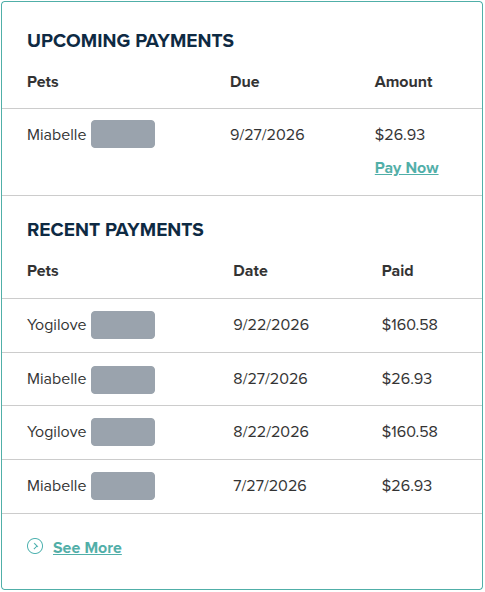 Our Pets Best payments: Miabelle $26.93 due 9/27/2026; paid Yogilove $160.58 on 9/22/2026, Miabelle $26.93 on 8/27/2026, Yogilove $160.58 on 8/22/2026, Miabelle $26.93 on 7/27/2026