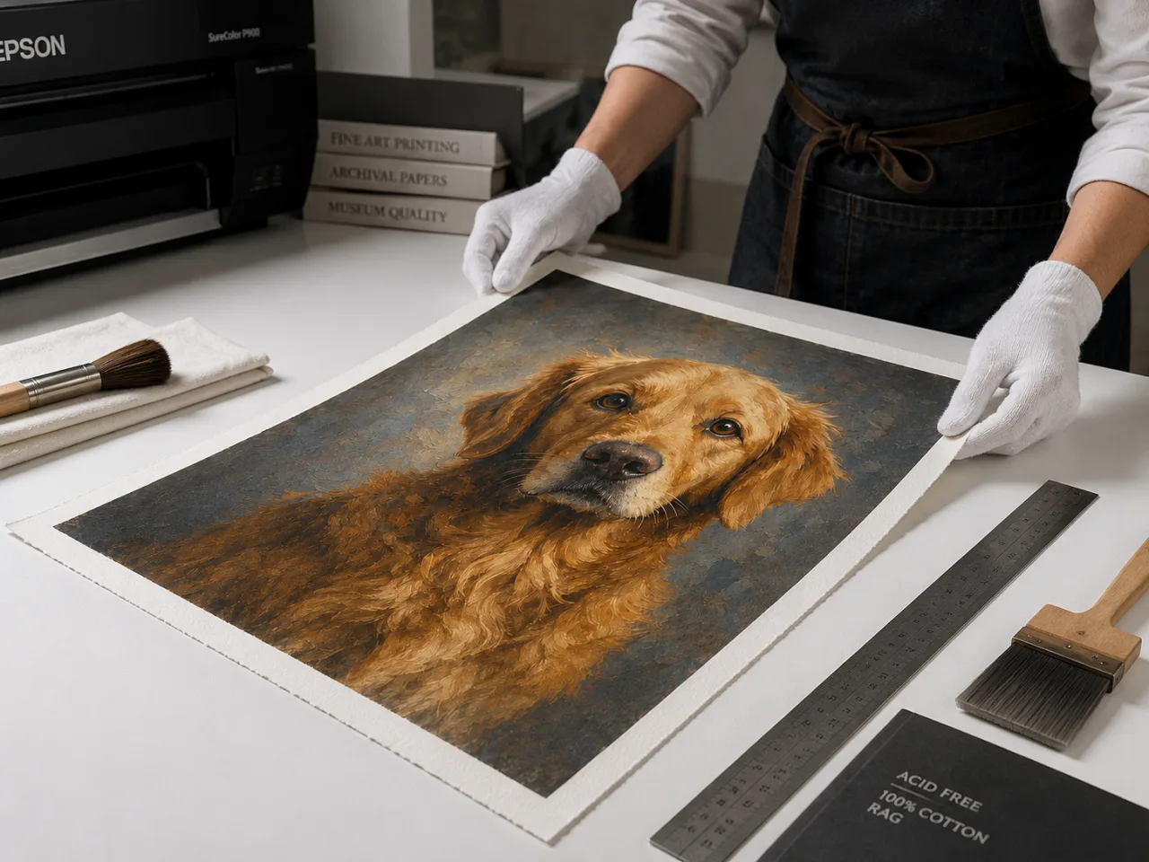 Custom pet portrait printed on archival 100% cotton rag fine art paper, handled with white gloves in the print studio