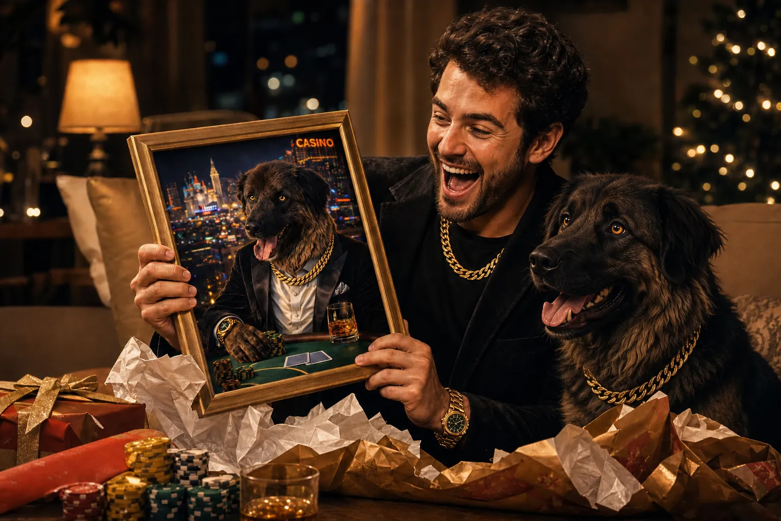 Man laughing as he unwraps a Vegas High Roller pet portrait of his dog, who sits beside him
