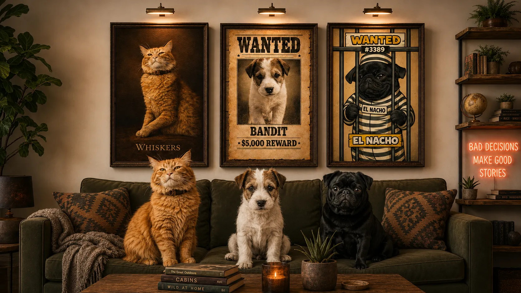 Funny pet portraits — Whiskers cat, Bandit puppy, and El Nacho pug under their Wanted Posters