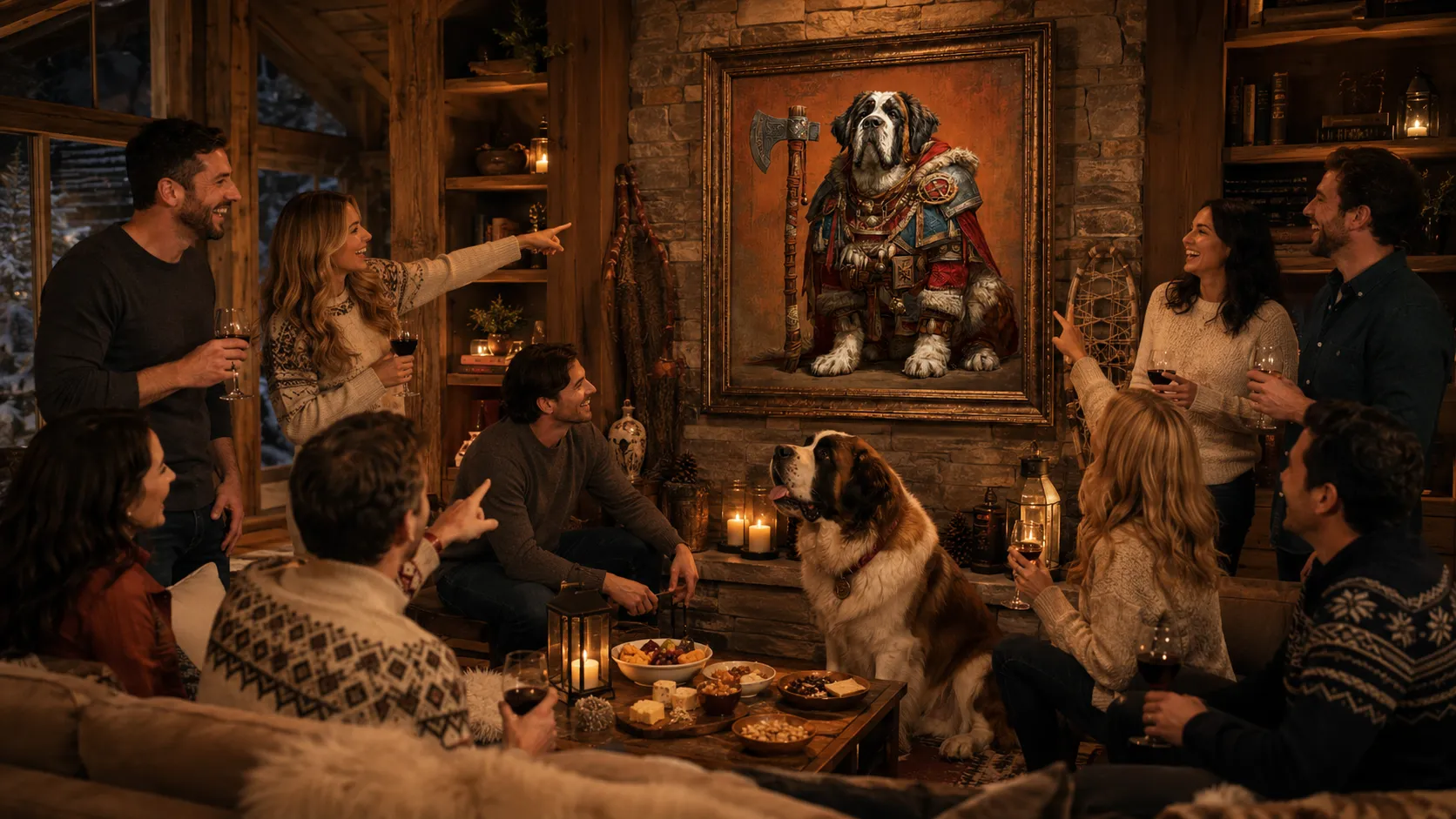 Friends laughing and pointing at a framed Viking St Bernard portrait at a cabin party, with the real St Bernard sitting below