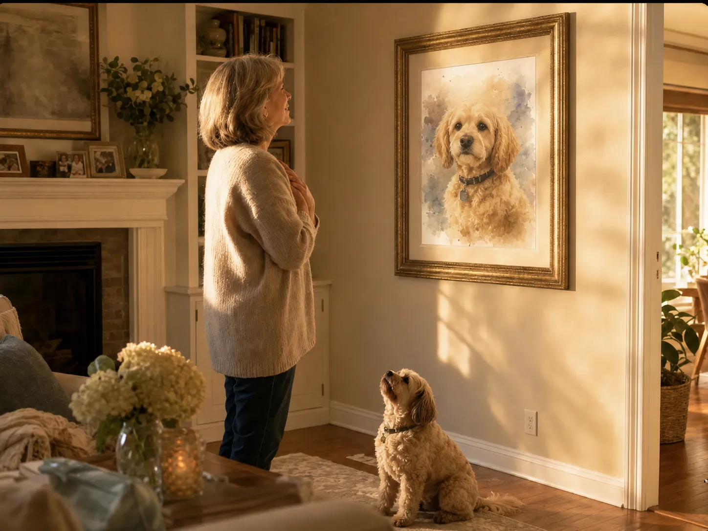 Mother admiring her custom watercolor pet portrait on the wall while her dog watches her with love