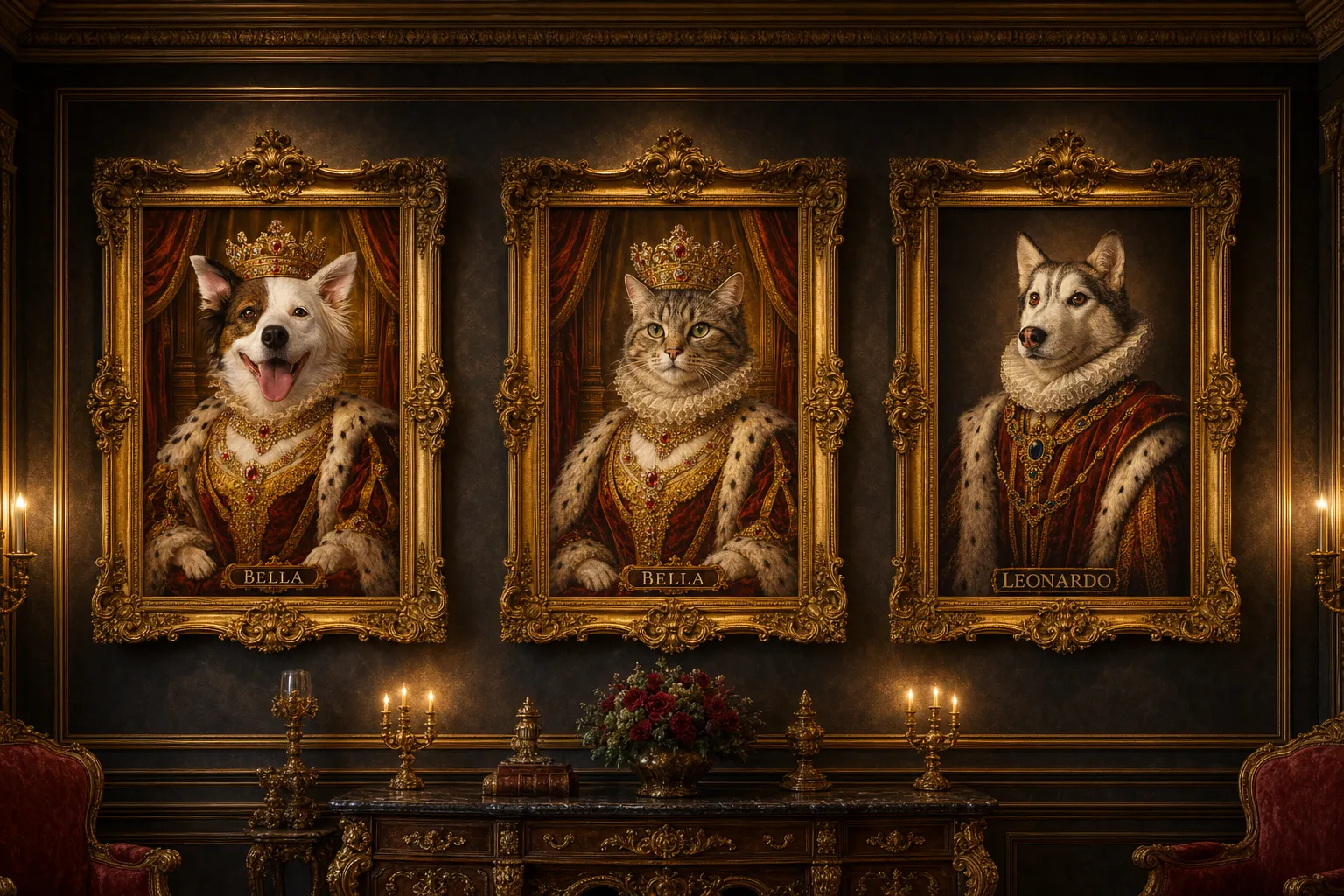 Royal pet portrait palace gallery wall — Royal King dog, Royal Queen cat, and Renaissance Noble in ornate gold frames