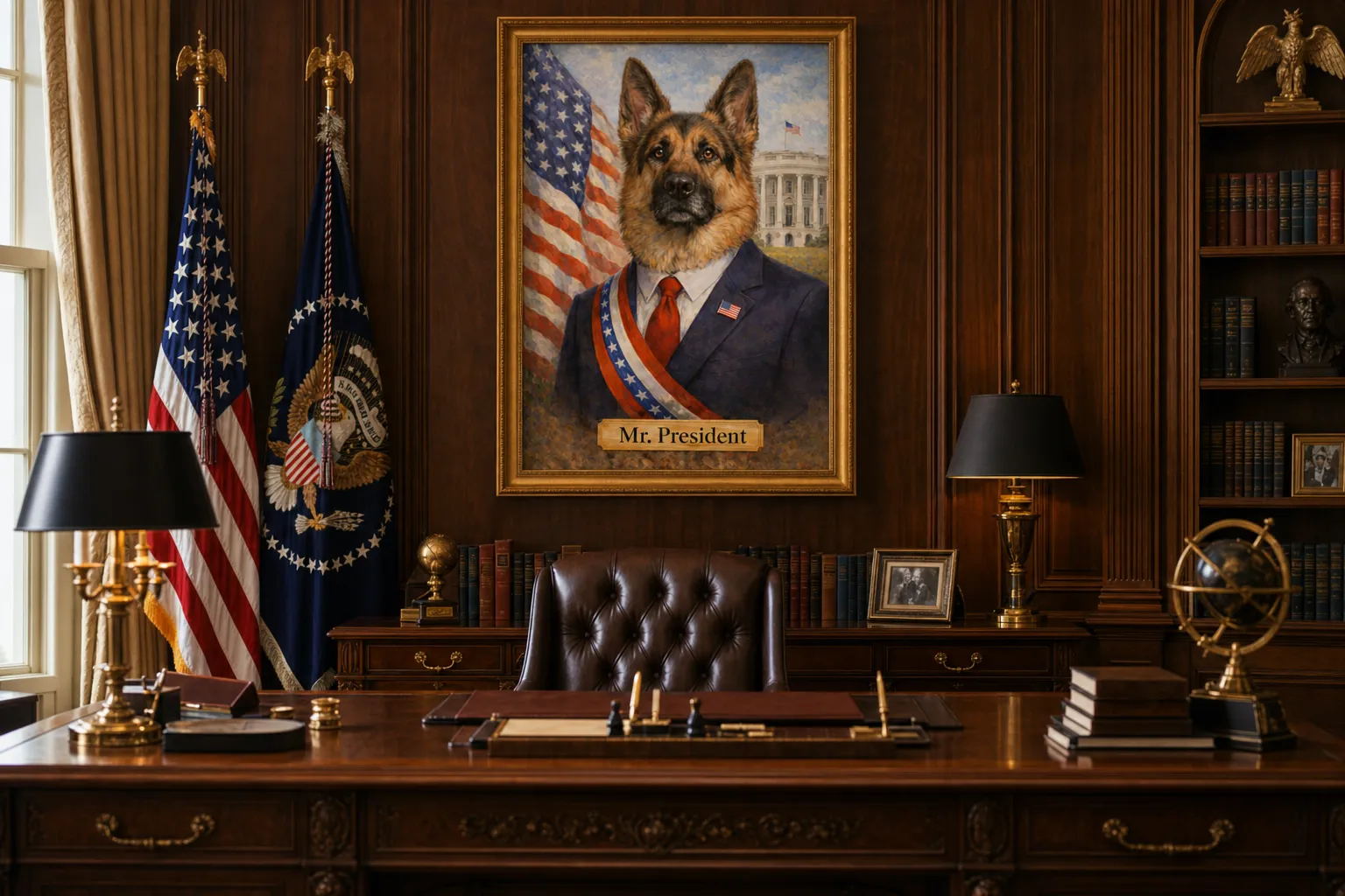 Mr. President pet portrait hanging in a distinguished home office behind an executive desk