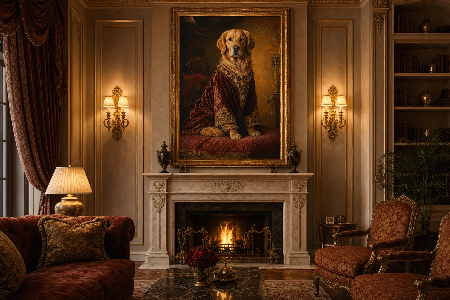 Velvet Royalty pet portrait displayed above a marble fireplace in an elegant living room