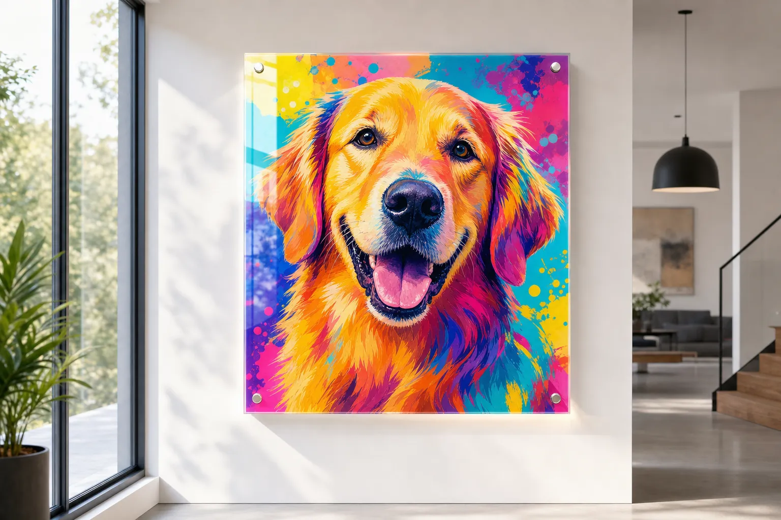 Acrylic pet portrait — crystal-clear vivid pet portraits face-mounted behind acrylic, modern frameless design