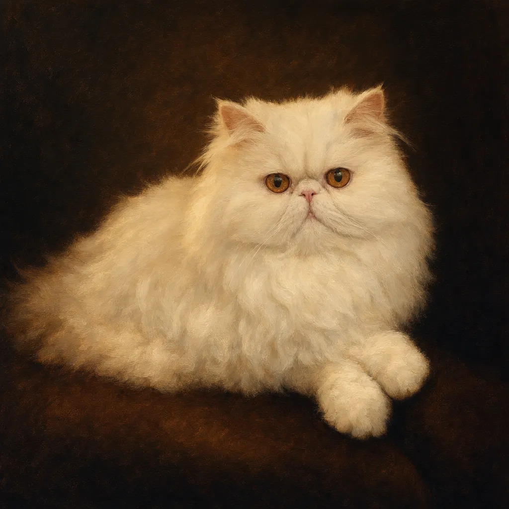 Cat portrait painting — a Persian cat rendered in a rich classic oil painting style.