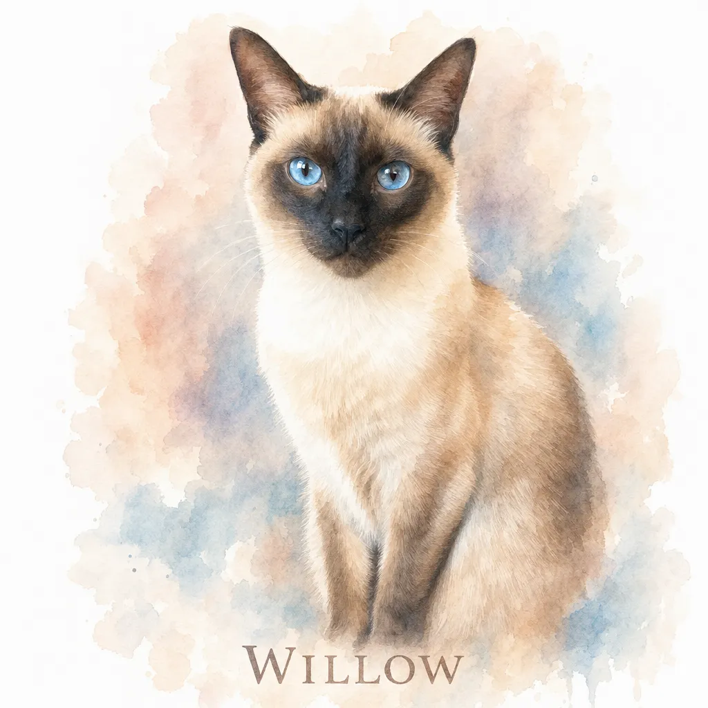 Cat portrait from photo — a Siamese cat rendered in a soft watercolor style from a single photo.