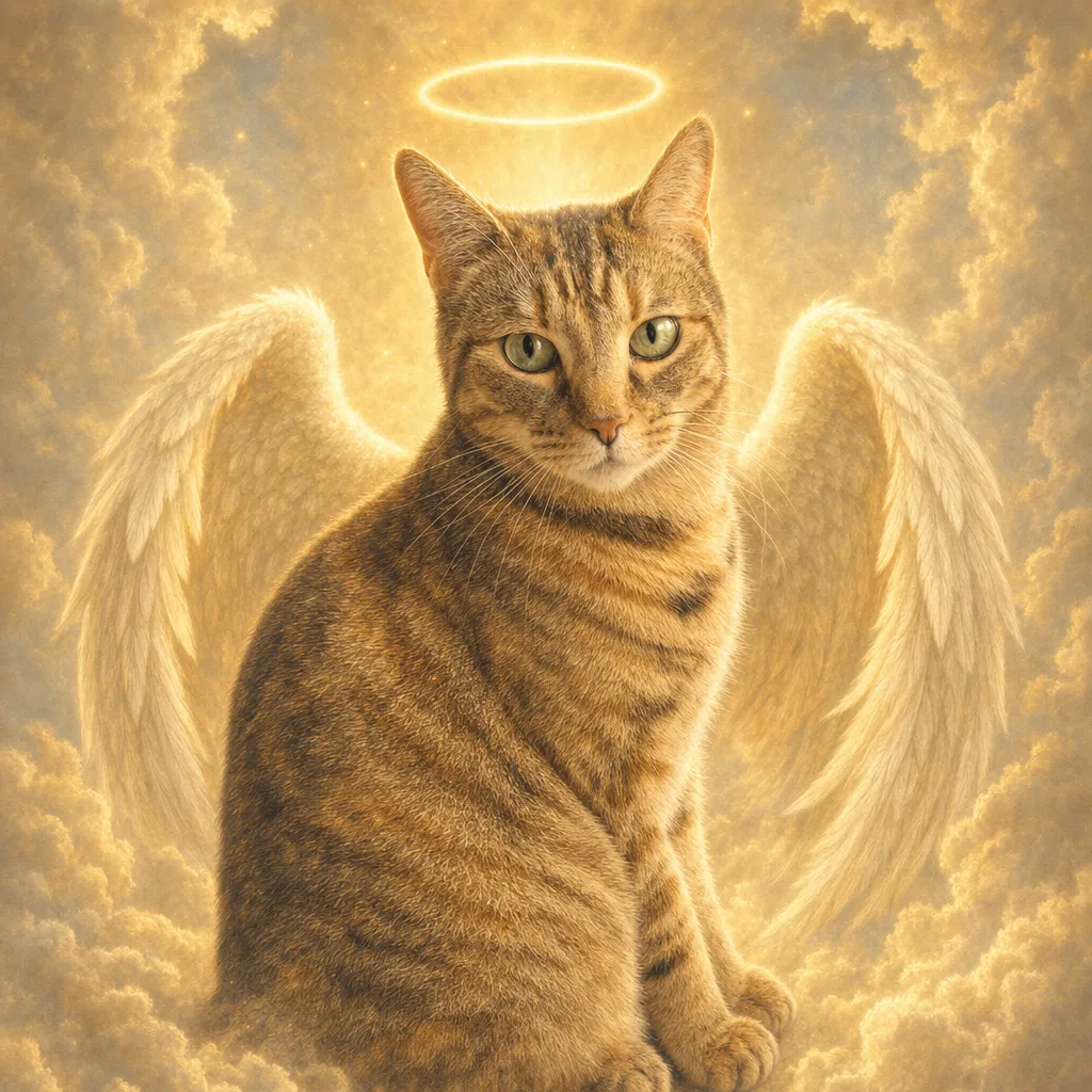 Cat loss gift — a tabby cat portrayed in the gentle Angel memorial style with a soft halo.
