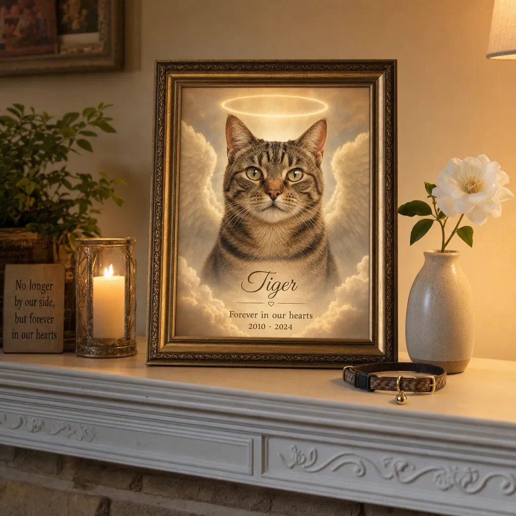 Cat memorial gifts — a framed memorial portrait of a cat displayed gently on a mantel.