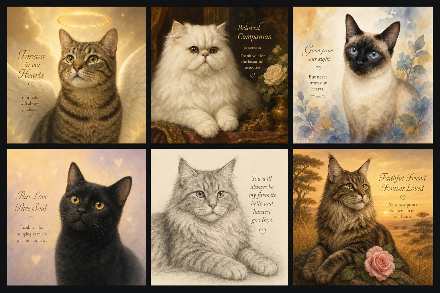Personalized cat portrait — one cat shown across several portrait styles, from watercolor to oil painting.
