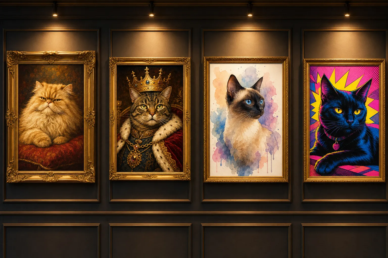 Custom cat portrait — cats in multiple art styles including Oil Painting, Royal, Watercolor, and Pop Art