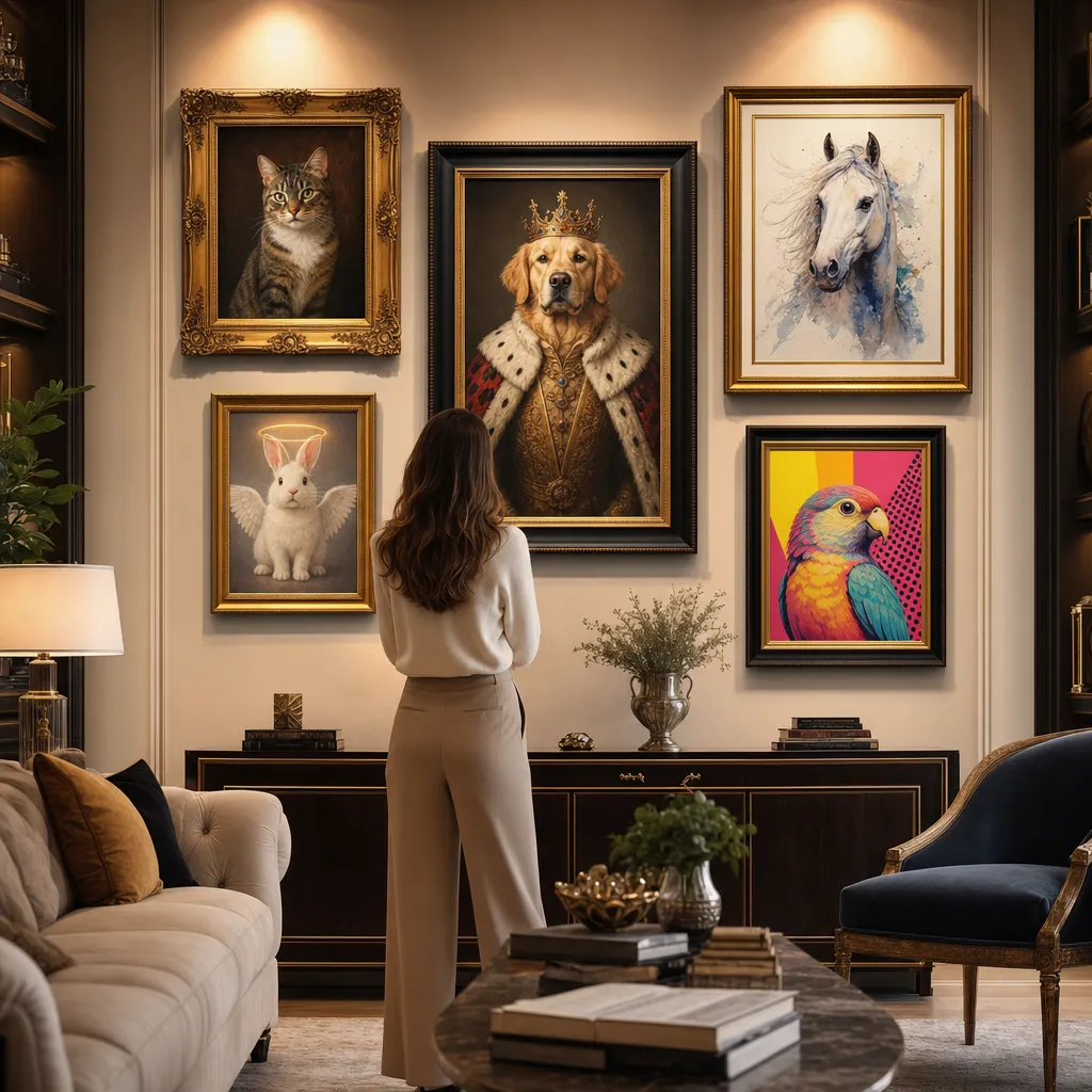 Pet wall art — a gallery wall of custom dog and cat portraits in matching frames above a sofa.