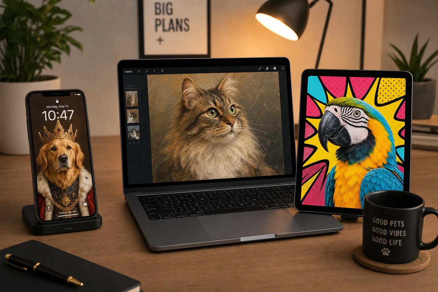 Digital pet portrait — custom AI art in 80+ styles, delivered digitally for phone wallpaper, social media, or print-at-home