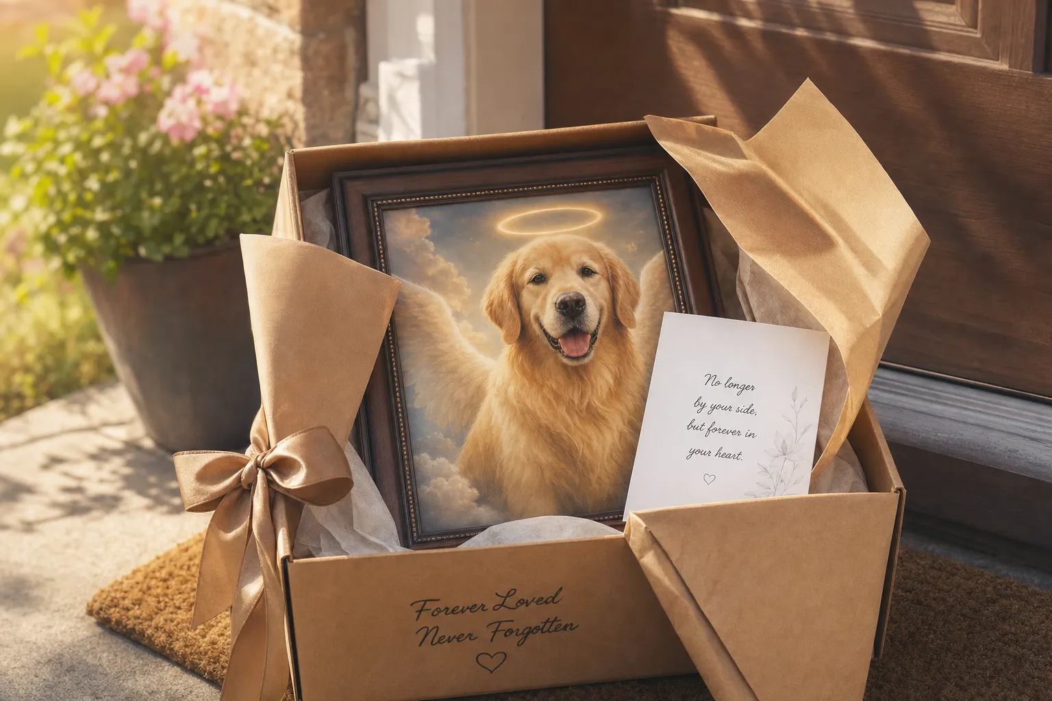 Dog loss gift — memorial portraits of beloved dogs with golden halos in heavenly clouds