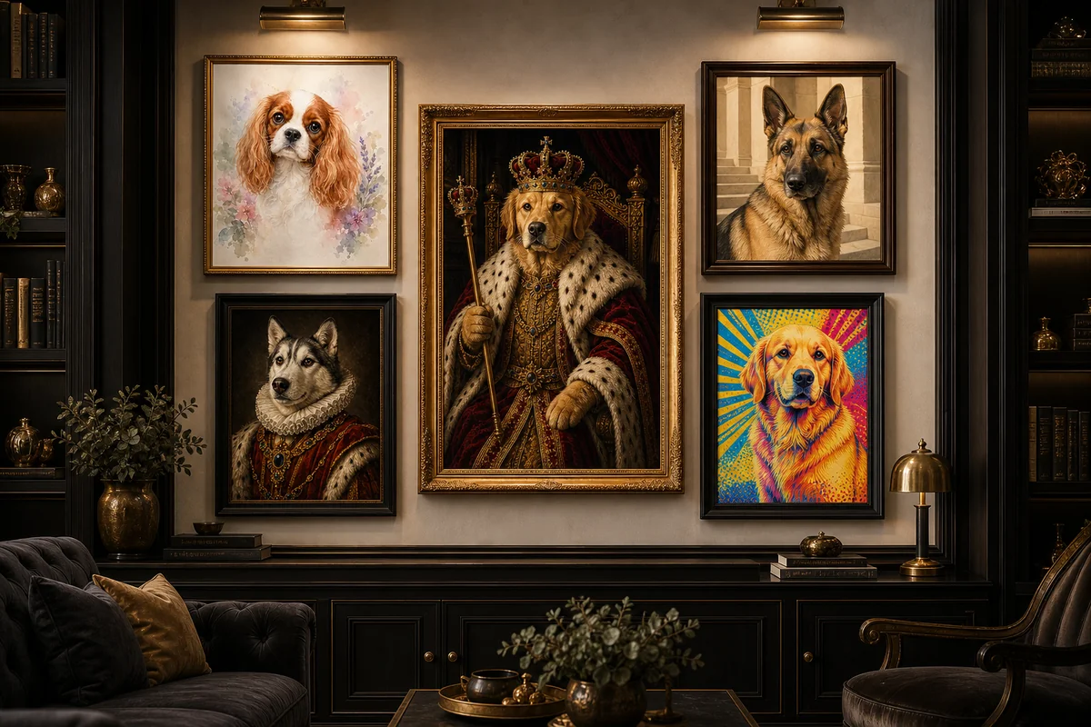 Dog wall art gallery featuring five custom dog portraits in royal, watercolor, Renaissance, pop art, and minimalist styles.