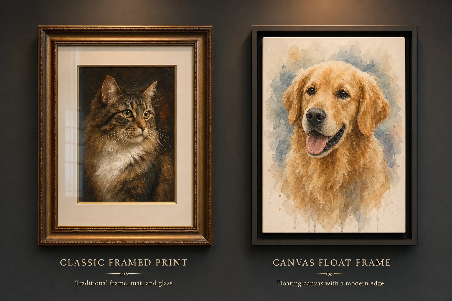 Framed pet portrait — custom pet portraits in premium frames, ready to hang on the wall