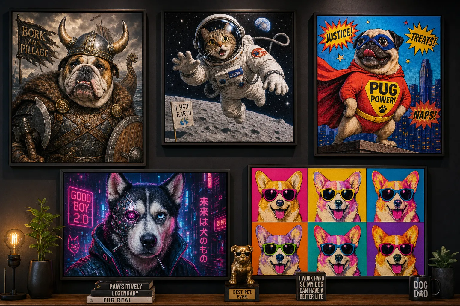 Funny pet portrait — pets in Viking armor, astronaut suits, superhero capes, and cyberpunk neon styles