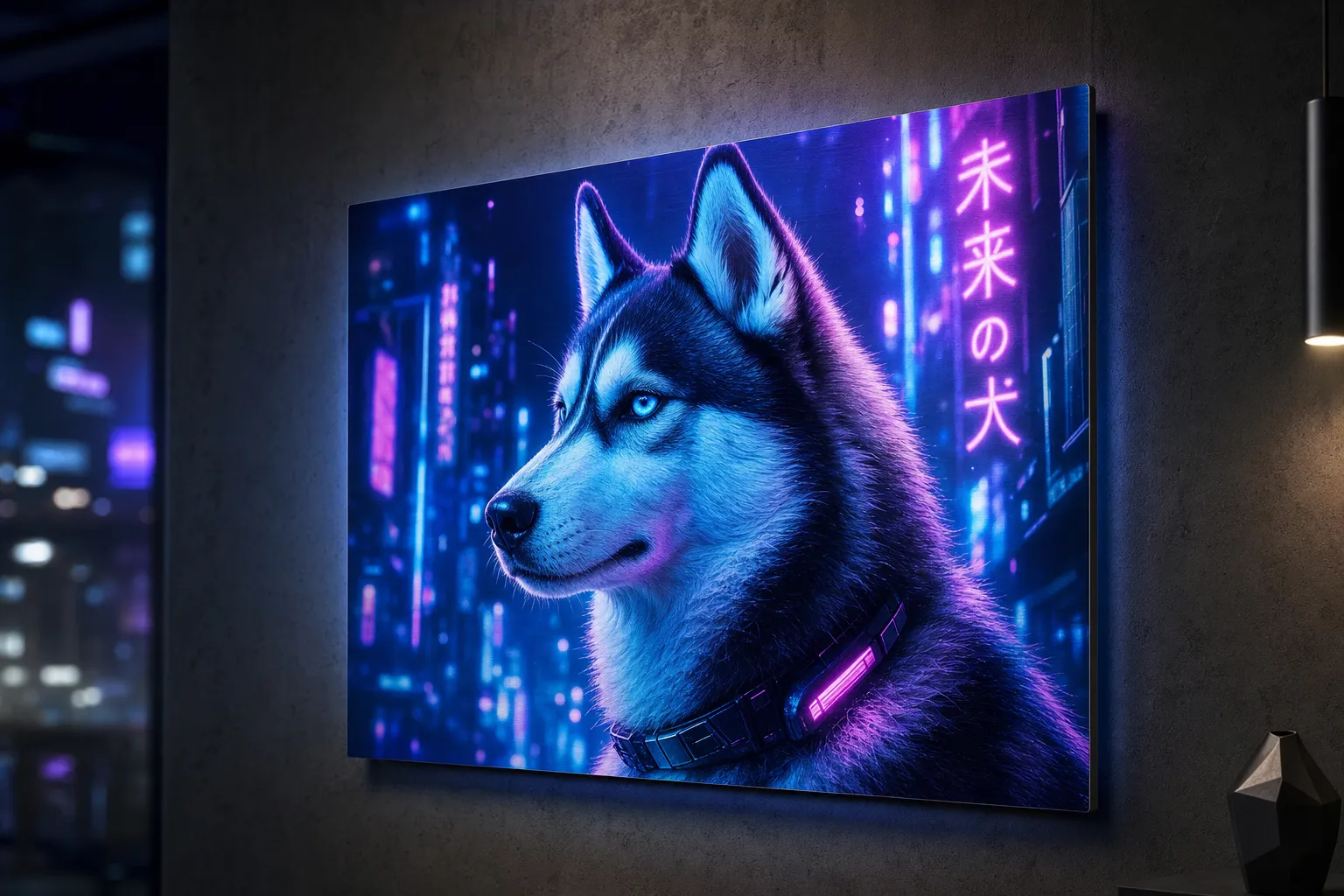 Metal print pet portrait — HD dye-sublimation on aluminum with luminous metallic sheen, modern floating wall mount