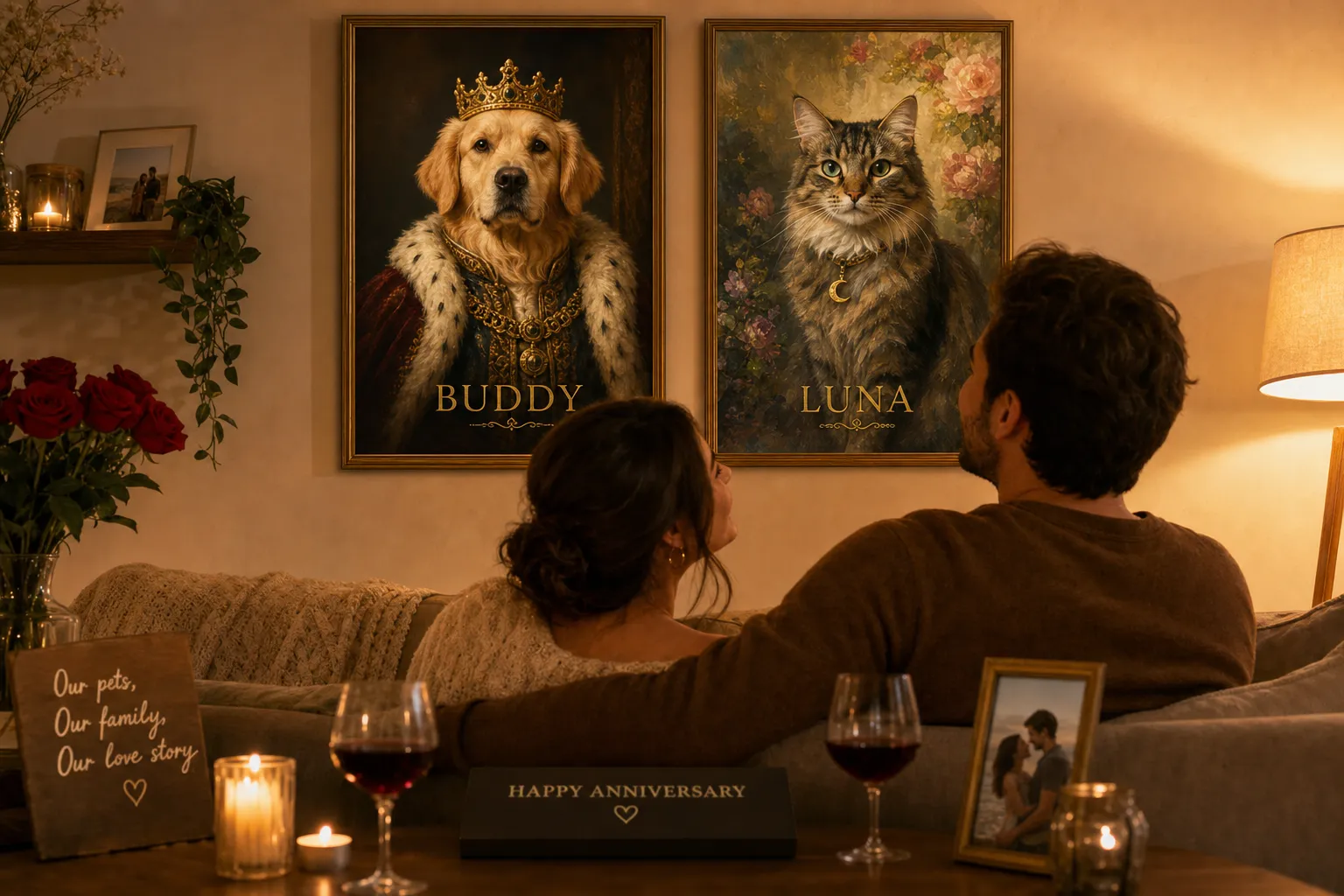 Pet portrait anniversary gift — custom pet portraits displayed together on a warm living room wall
