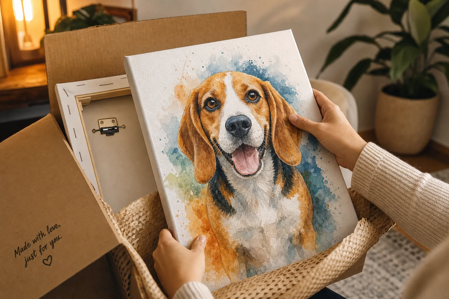 Pet portrait canvas print — premium stretched canvas pet portraits ready to hang, showing canvas texture and gallery-wrapped edges