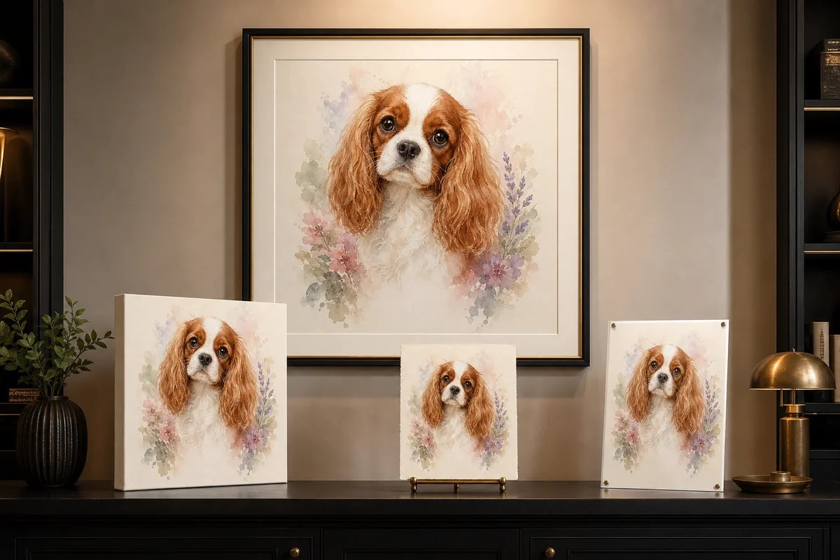 Custom pet portrait cost formats showing the same dog artwork as a framed print, gallery canvas, small paper print, and glossy panel.