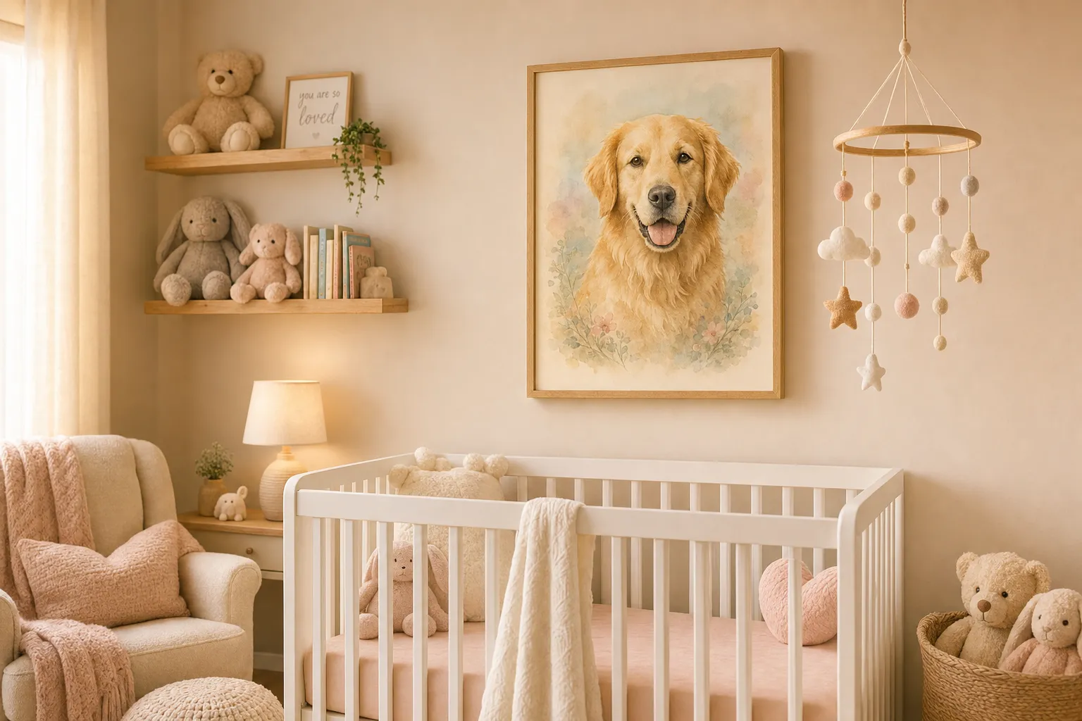 Pet portrait for nursery — gentle watercolor and soft pastel pet portraits in a warm nursery setting