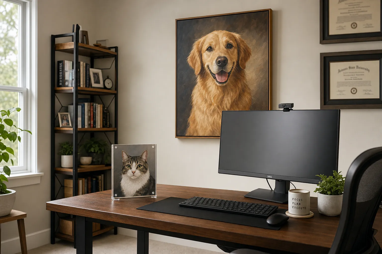 Pet portrait for office — sophisticated pet portraits in Oil Painting, Pencil Sketch, and Gentleman styles displayed in a home office setting