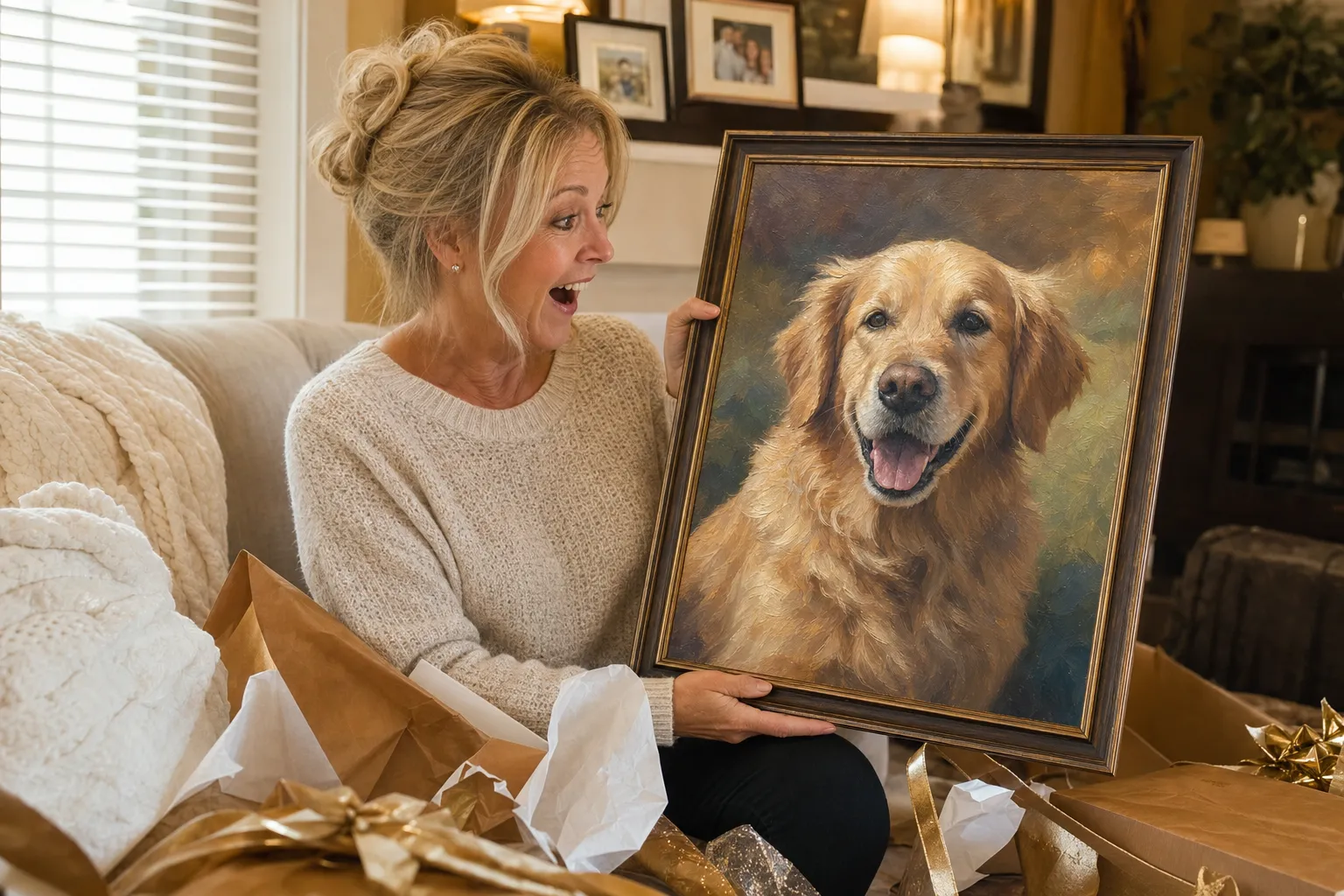 Pet portrait gift for mom — custom pet portraits in multiple art styles displayed on a living room wall