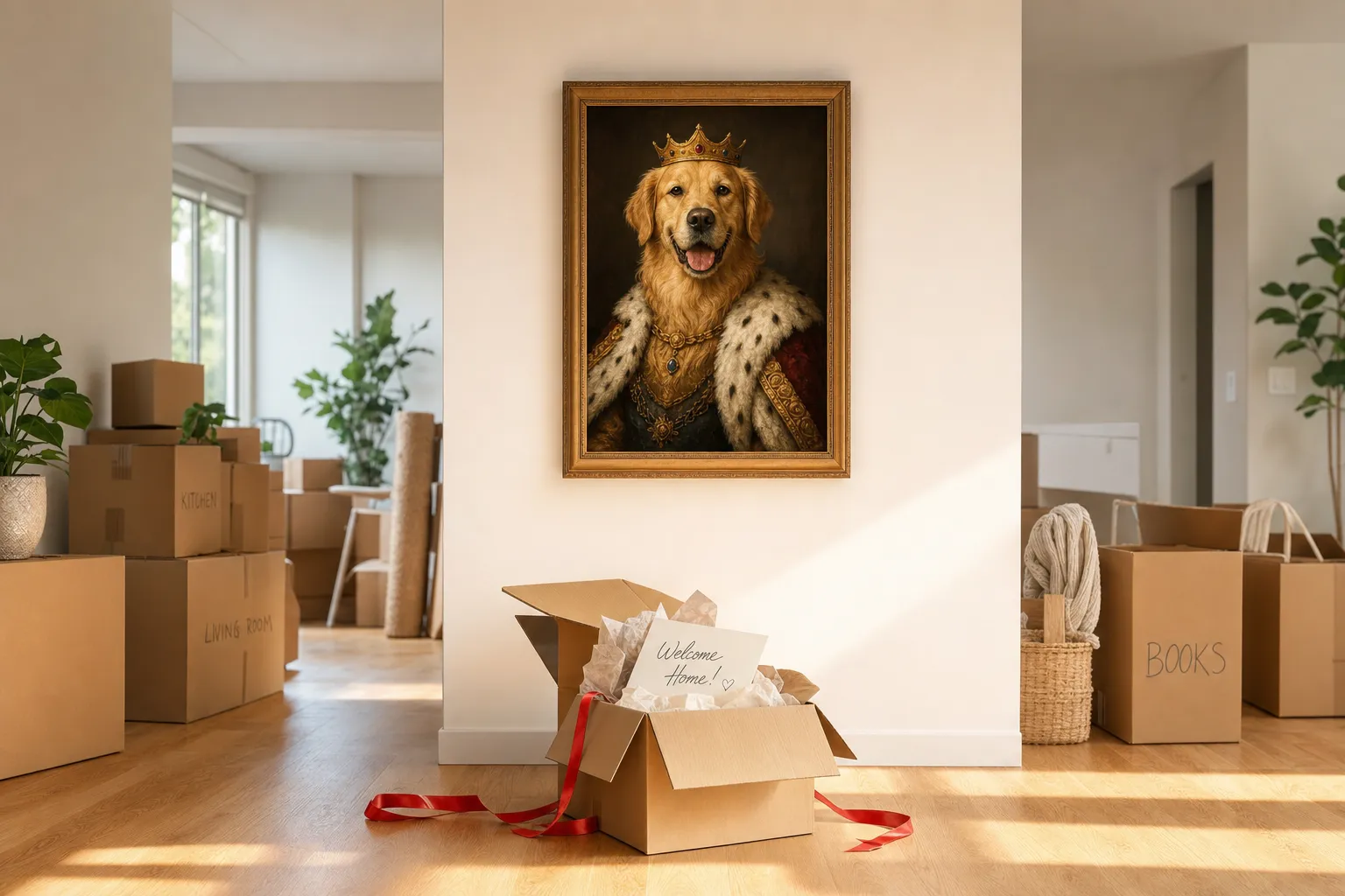 Pet portrait housewarming gift — custom pet portraits displayed as the first art on the wall in a new home