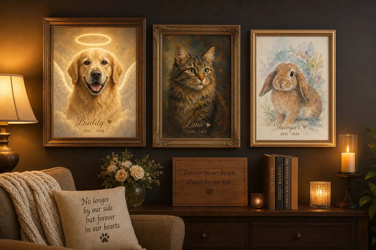 Pet sympathy gift — memorial portraits of dogs, cats, horses, and birds displayed on a living room wall