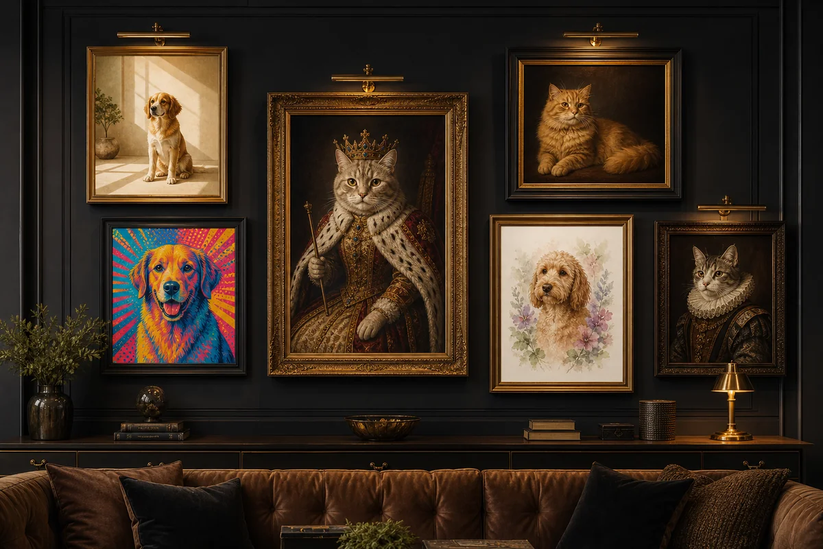 Pet wall art gallery with custom dog and cat portraits in royal, watercolor, oil, pop art, minimalist, and Renaissance styles above a sofa.