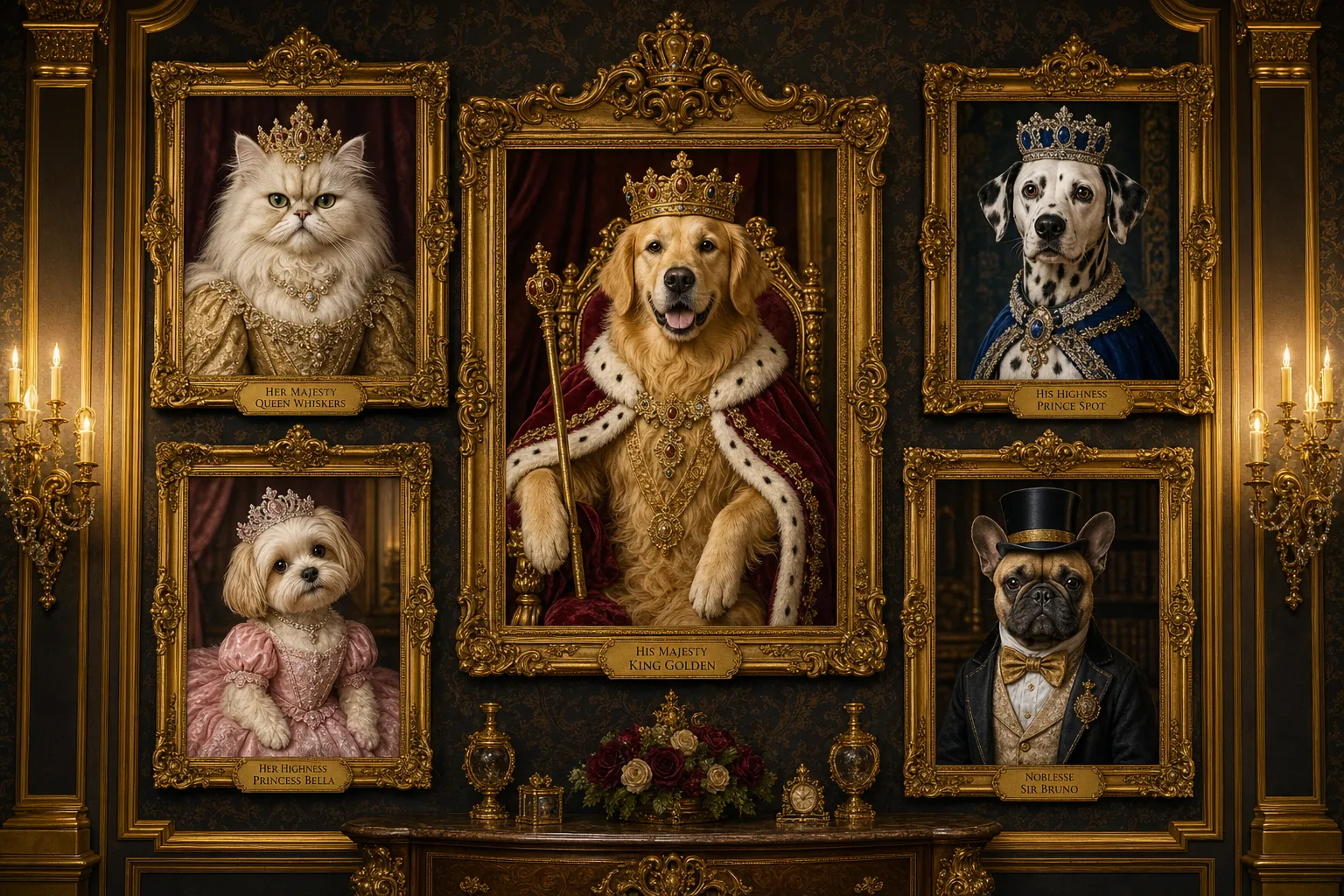 Royal pet portrait — pets wearing crowns, velvet robes, and royal regalia in King, Queen, Prince, Princess, and Noblesse styles