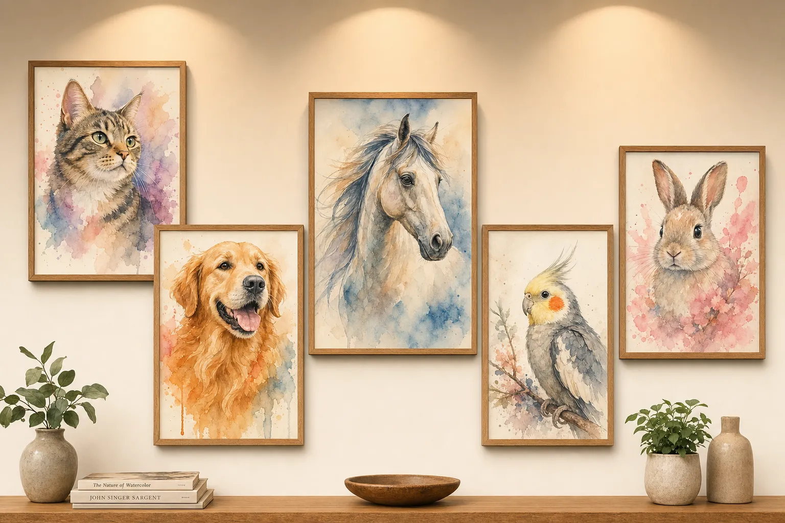 Watercolor pet portrait — soft flowing brushwork portraits of dogs, cats, horses, and birds in gentle pastel tones