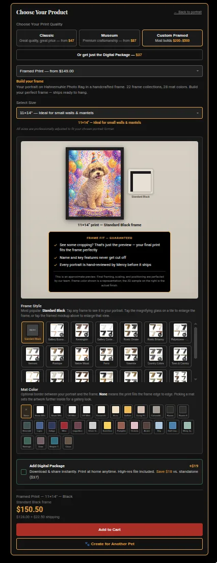 Custom frame builder — 22 frame collections, 28 mat colors, with a live preview that updates as you build