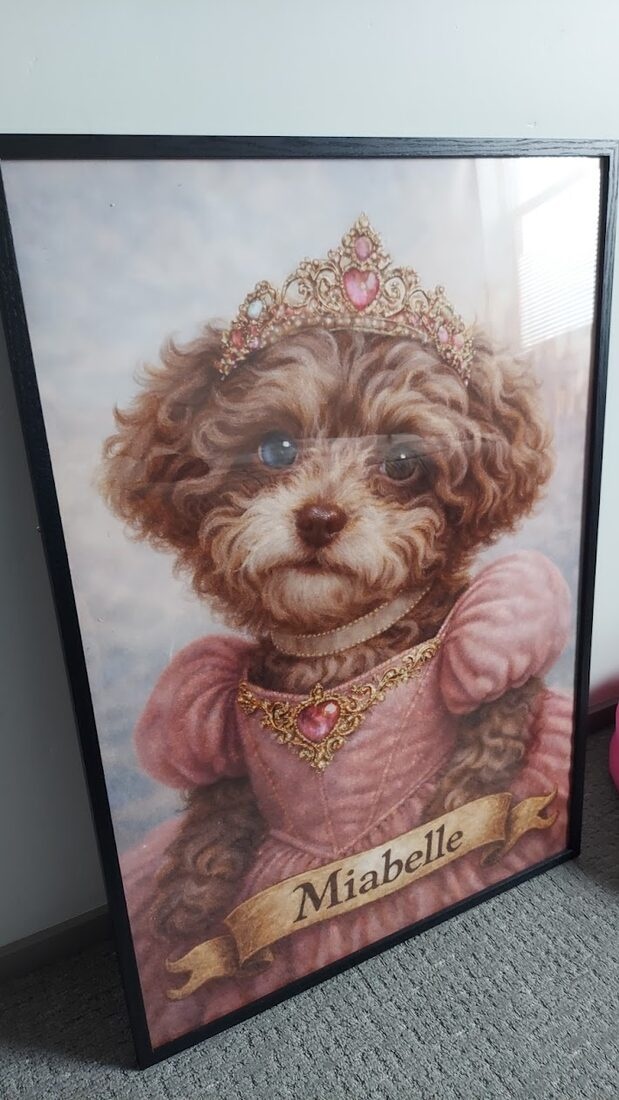 A princess style custom portrait of Miabelle the Shih-Poo, a real Pet Pic Portraits product example